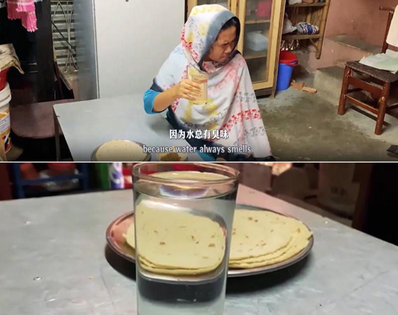 圖為紀(jì)實(shí)短片截圖：上圖為水質(zhì)未改善前，飲用水發(fā)黃渾濁；下圖為水廠建成后，飲用水水質(zhì)明顯改善，清澈透明。